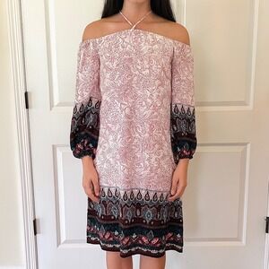 LOFT Pink & Blue Paisley Off Shoulder Tie Neck Bohemian Festival Dress Size L